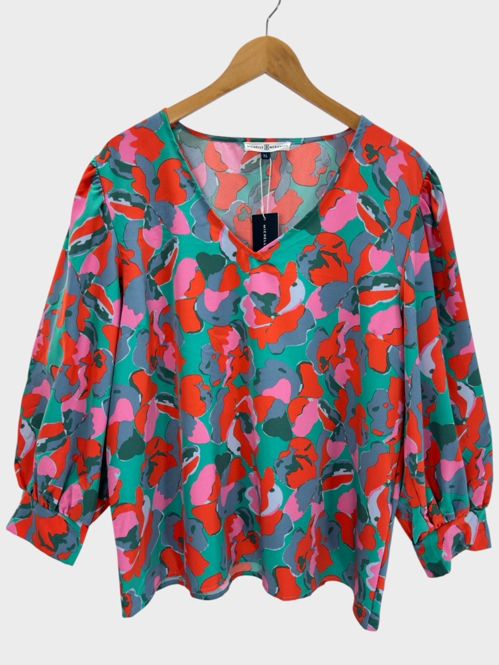 Michelle McDowell Falling Poppies Puff Sleeve V Neck Boutique Blouse Top XL